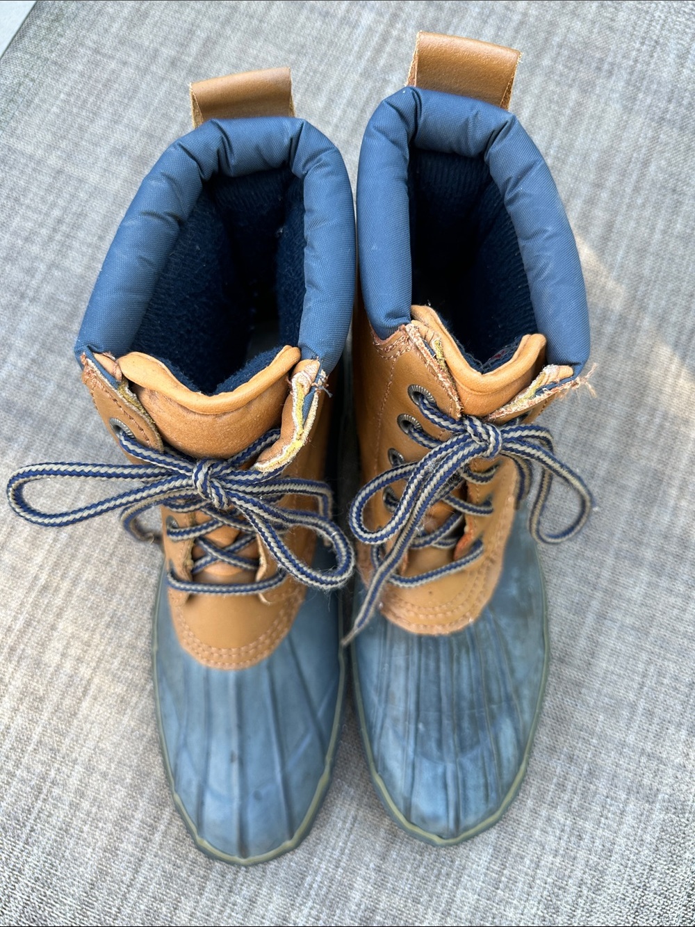 Women’s Vintage Waterproof Duck Boots in Tan and Navy